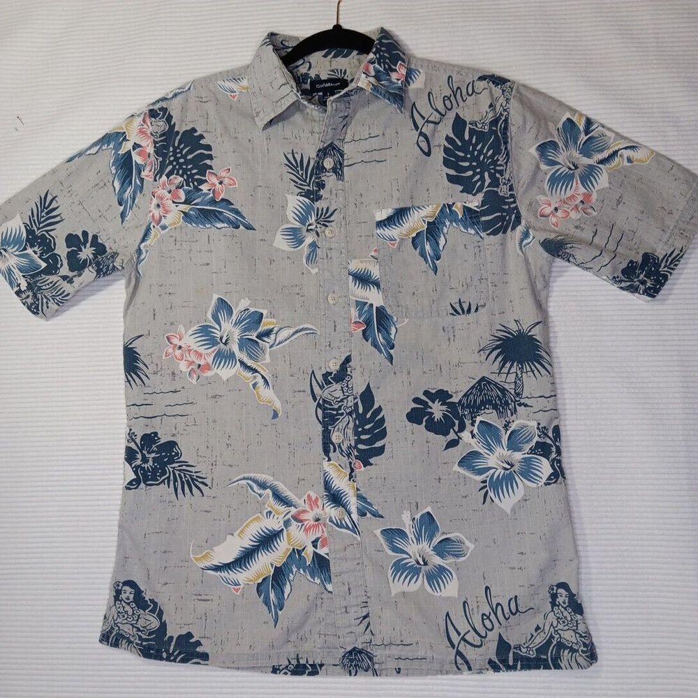 Croft Barrow Hawaiian Men Shirt Gray Blue Palms Size Small
